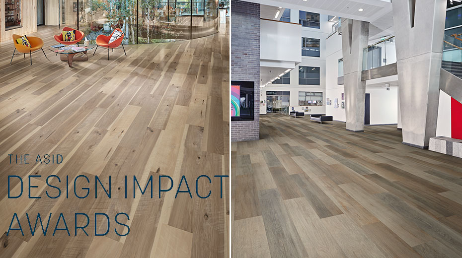 Left: Vintage Hickory EW12 in a lobby; Right: Urban Fabric Oak LLP332 in a lobby