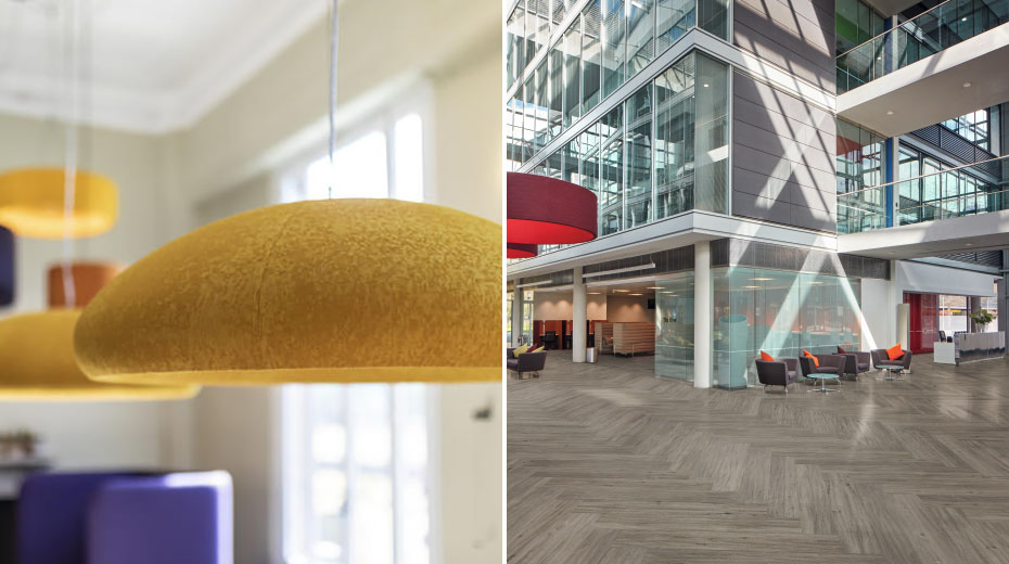 Left: BuzziDome pendant light; Right: Karndean LooseLay French Grey Oak LLP308 floors in a lobby