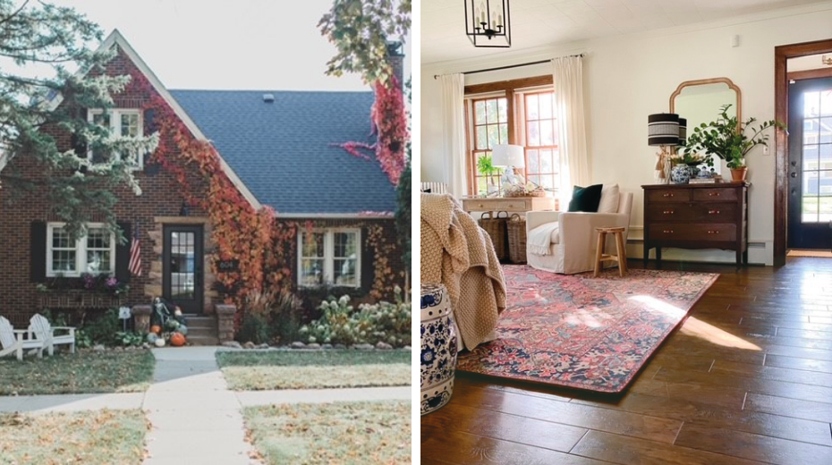 Left: outside of the home; Right: living room with Hickory Nutmeg EW03 floors