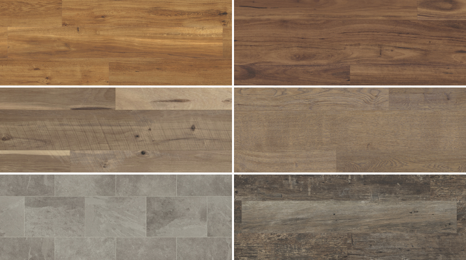 Top to bottom, left to right: Classic Oak VGW86T/SCB86, Character Walnut LLP315, Vintage Hickory EW12, Smoked Butternut RKP8107, Grey Riven Slate ST16, Reclaimed Redwood VGW99T/SCB99.