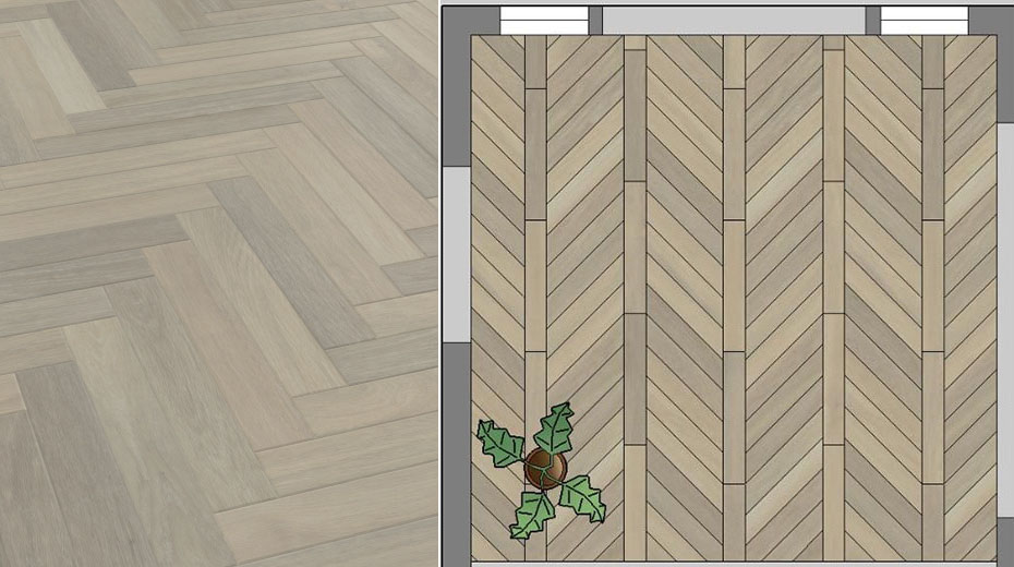 Close up image of Glacier Oak SM-RL21 in a traditional herringbone layout of Glacier Oak SM-RL21 next to a rendering of a room with a broken herringbone floor