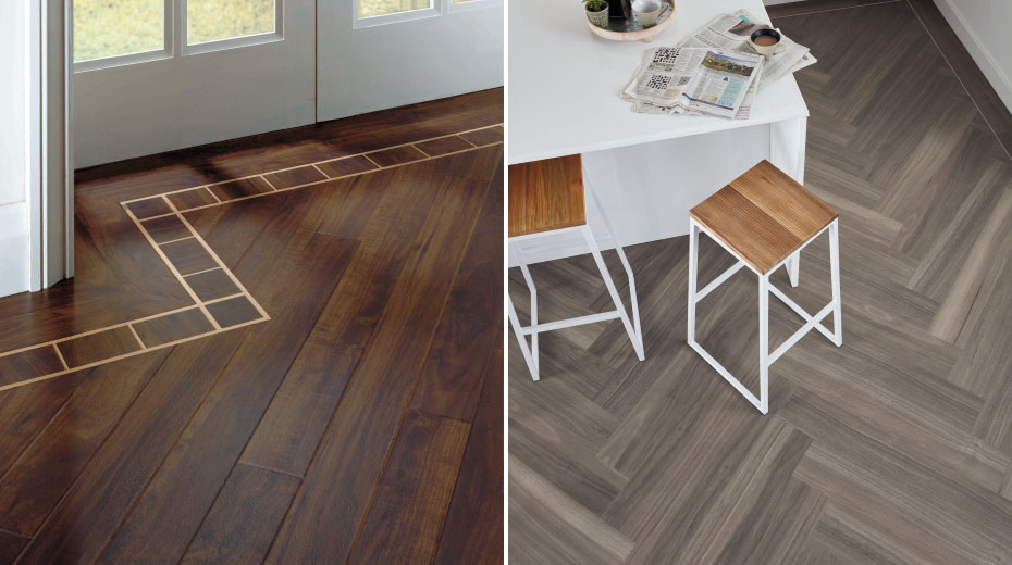 Left: Australian Walnut RP41 with Block border; Right: Urban Spotted Gum KP141 in a herringbone pattern with full plank border and Chalk design strip