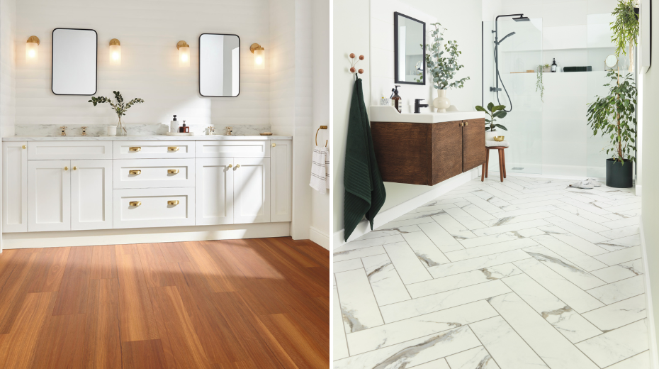Two master bathrooms featuring Auburn Spotted Gum SCB144 (left) and Brunella Marble SM-RKT3013-G in a herringbone (right)