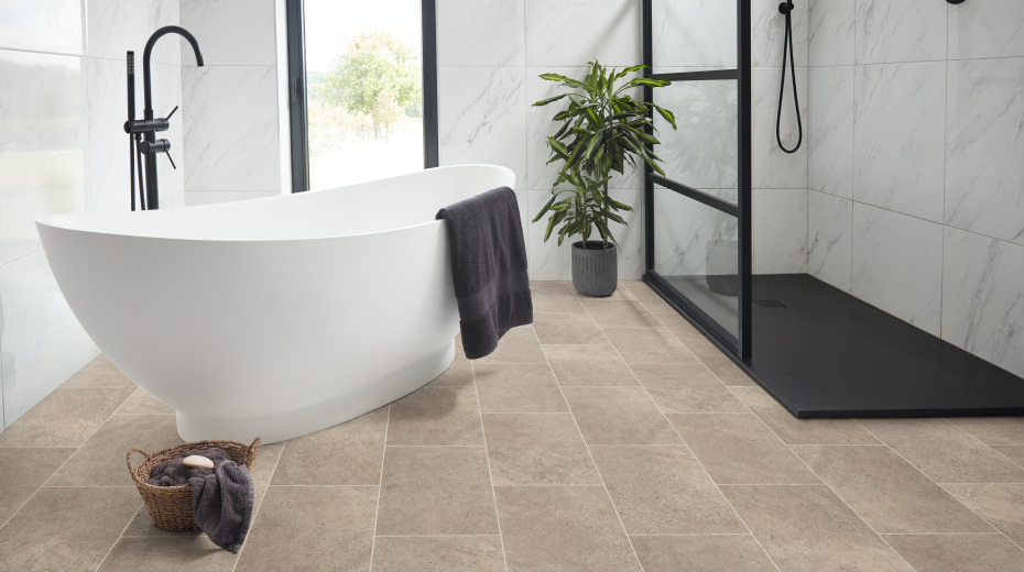 Portland Stone SCB-ST13-G in a bathroom with a free-standing tub and shower