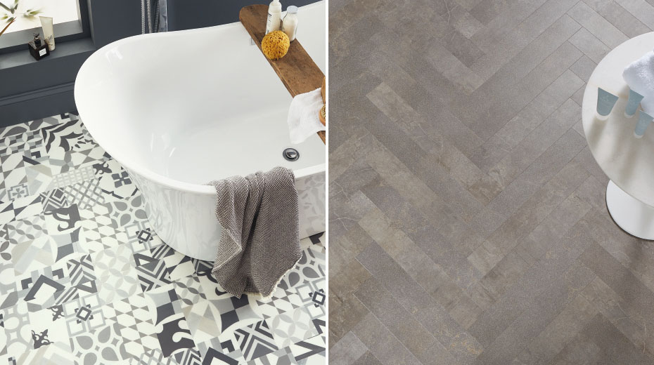 Left: Casablanca SP219 in a bathroom with a free-standing tub; Right: Fumo SM-SP216 in a close up herringbone pattern
