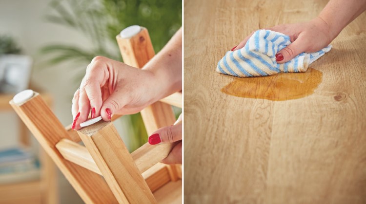 Close up of woman placing felt pads on a stool and close up of woman wiping up a spill with a towel