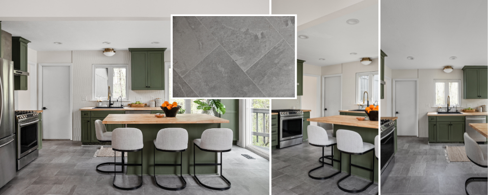 Grey Riven Slate ST16 with concrete-colored design strips DS12 in Tad's kitchen remodel
