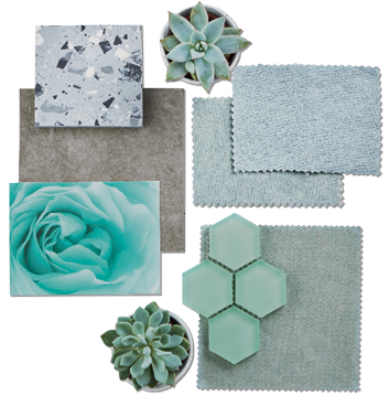 Light teal and grey mood board with samples