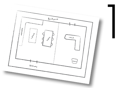 Sketch of a room floor plan with a number one beside it