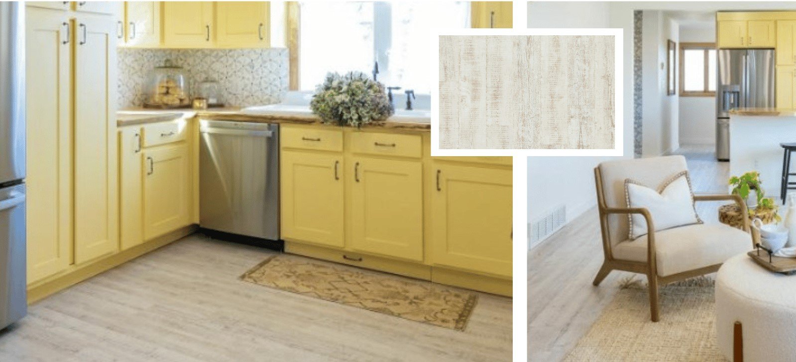 White Painted Pine KP105 in a yellow kitchen and living room.